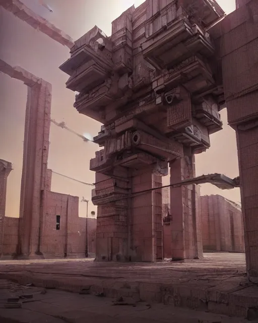 Image similar to hyperrealistic 3d render high quality baroque mecha!! iridescent pink brutalist city ruins background concept art vray! santiago caruso de chirico sharp cinematic light 8k low angle shallow depth of field