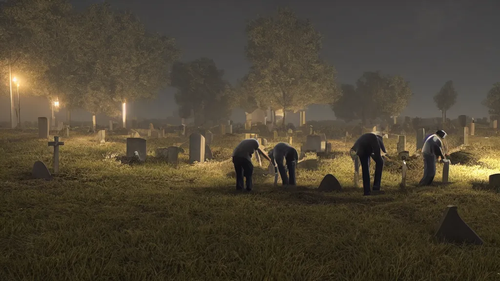 Prompt: men digging graves in graveyard on a cloudy night, unreal engine,