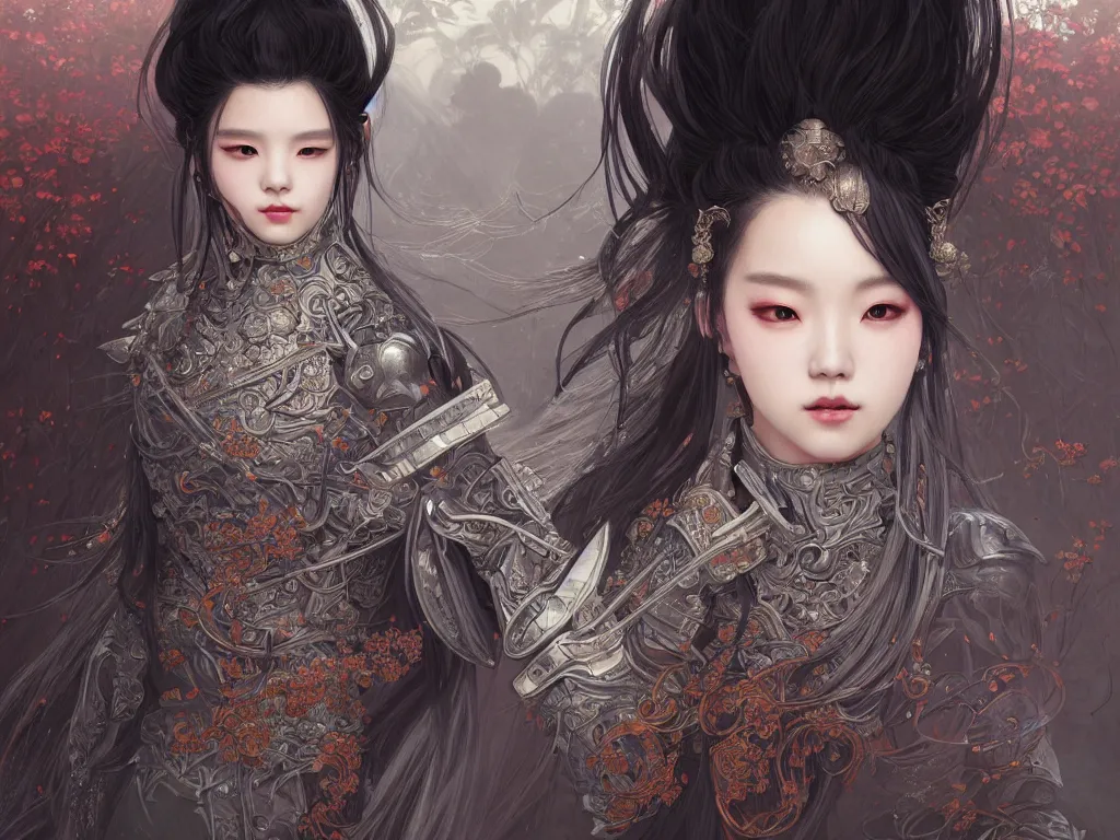 Image similar to portrait jisoo blackpink, grey hair armored samurai clothes, in fire japanese temple wet night, ssci - fi and fantasy, intricate and very very beautiful and elegant, highly detailed, digital painting, artstation, concept art, smooth and sharp focus, illustration, art by tian zi and wlop and alphonse mucha