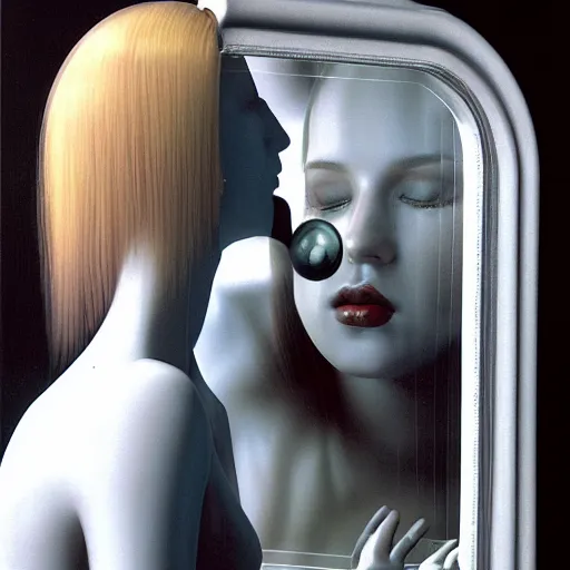 Image similar to stunning gynoid licking mirror, hyperrealistic, octane, highly detailed,