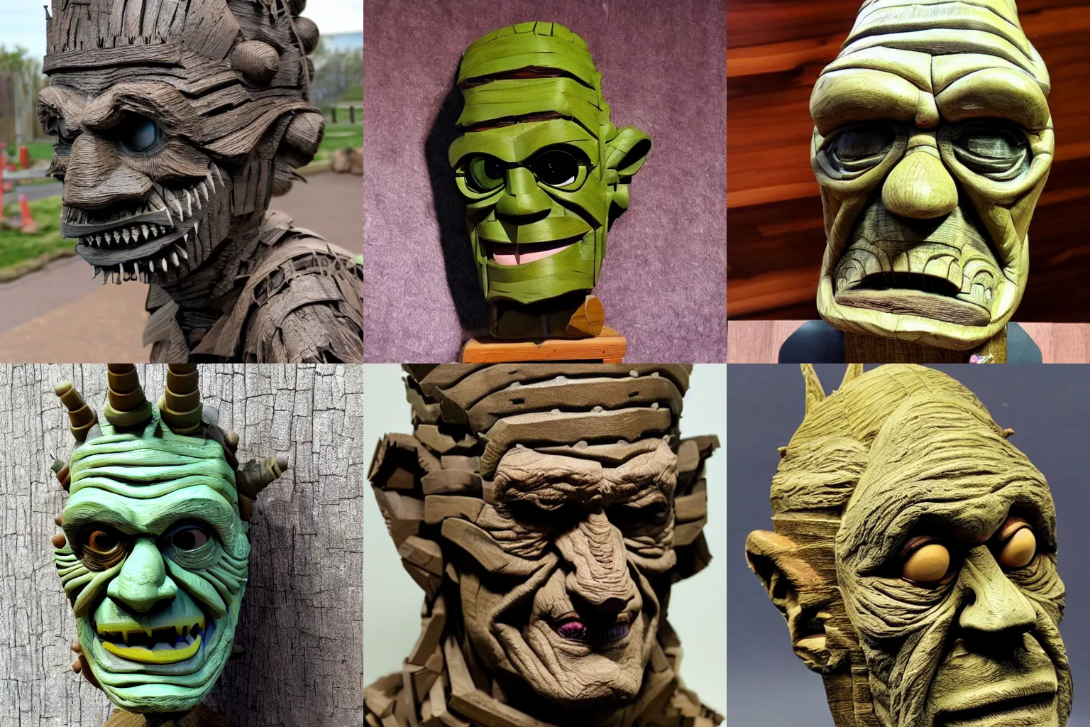 Prompt: highly detailed wooden sculpture of Frankentein's head