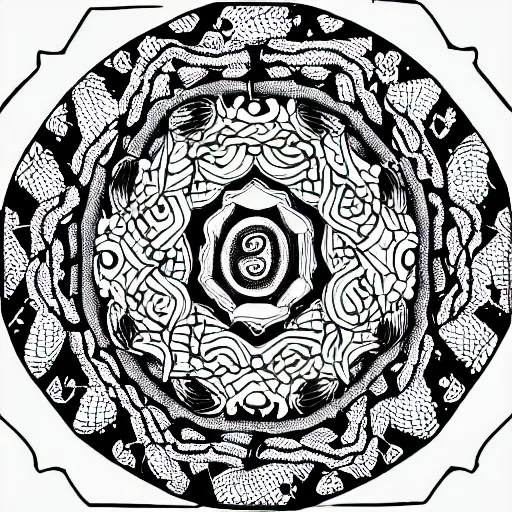 Prompt: detailed, black and white, a snake surrounded by lotus flowers and geometry