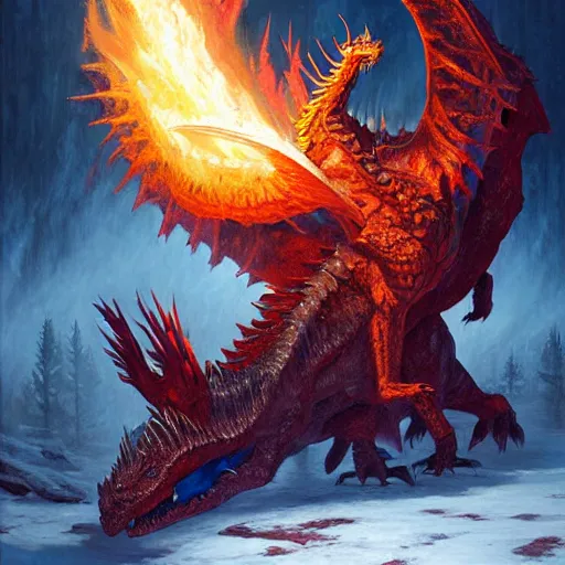 Image similar to A highly detailed, fantasy oil painting by Greg Rutkowski of a sorcerer casting a fireball spell against a huge ancient ice dragon