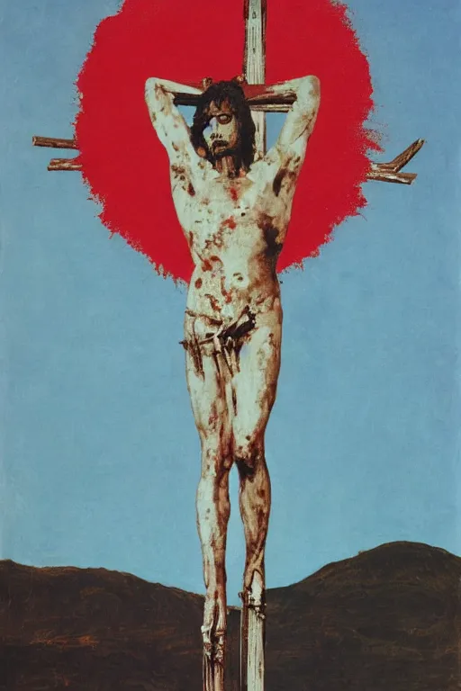 Image similar to bloody christ crucified and huge ufo in the sky painted by cy twombly and andy warhol