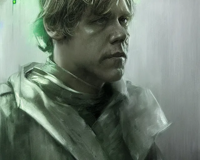 Image similar to portrait of luke skywalker in shades of grey but with green by jeremy mann
