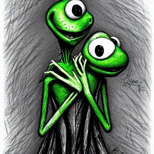 Image similar to michael karcz grunge cartoon drawing of kermit the frog. , in the style of corpse bride, loony toons style, horror themed, detailed, elegant, intricate