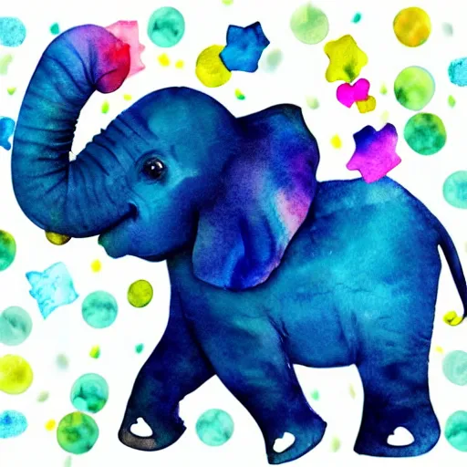 Image similar to watercolor baby elephant with trunk up in air and confetti flying in air, white background, blank background