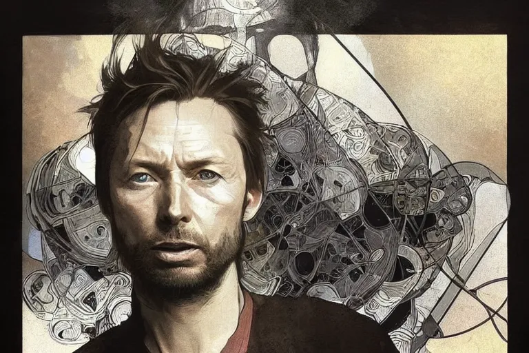 Image similar to hyper realistic portrait of thom yorke singer songwriter, side, liminal space, by lee bermejo, alphonse mucha and greg rutkowski