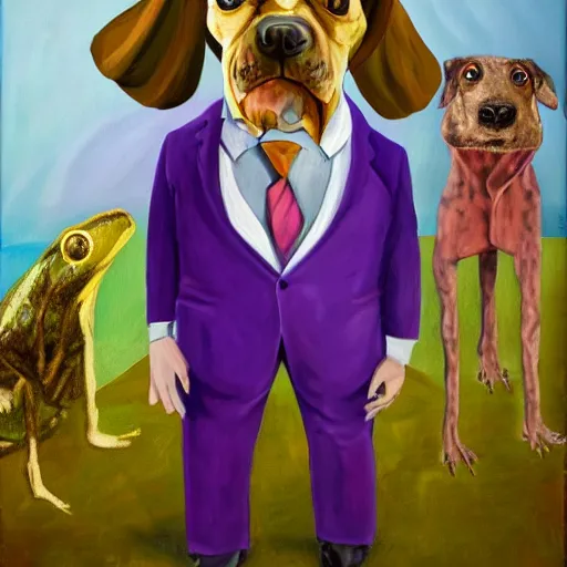 Image similar to Portrait of a psychotic crossbreed between a rabid dog and a toad, in a purple suit, oil painting