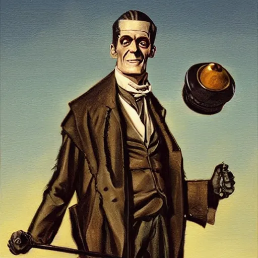 Image similar to frankenstein on a segway chasing crows, painting by by jc leyendecker