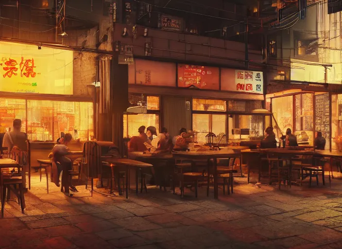 Image similar to seen through a window!! a small cozy ramen restaurant in a busy thriving cyberpunk street at night, trending on cgsociety, unreal engine, 4 k wallpaper