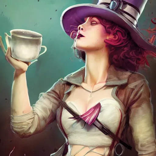 Image similar to realistic, full body portrait, attractive crazy female mad hatter, by Jordan Grimmer and greg rutkowski, crisp lines and color,