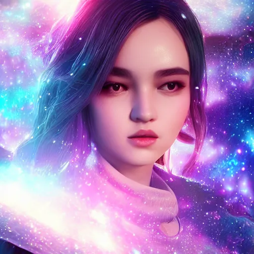 Image similar to beautiful girl galaxy background, portrait character concept style trending on artstation concept art detailed octane render cinematic photo - realistic 8 k high detailed