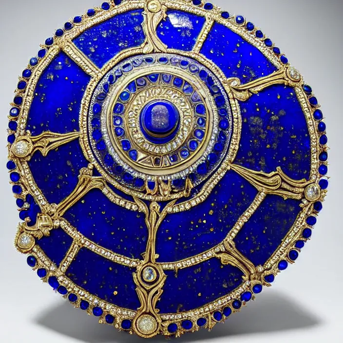 Image similar to photograph of a real-life lapis lazuli shield with jewels. Extremely detailed. 8k