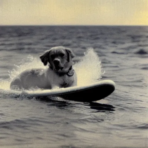 Prompt: photo of golden retriever surfing at sea, vintage found photo, old colored photo