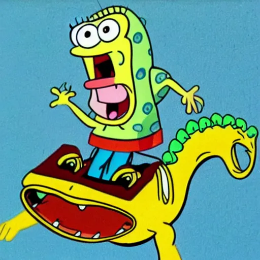 Image similar to spongebob squarepants riding a dinosaur, 7 0 s cartoon