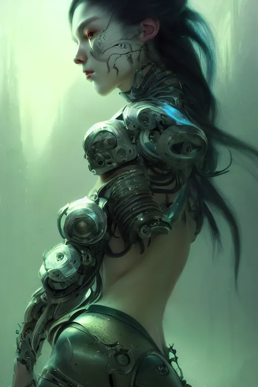 Prompt: ultra detailed beautiful nordic cyborg, black long hair, green eyes, implants in her face, sharp bone structure, extremely detailed digital painting, in the style of fenghua zhong and ruan jia and jeremy lipking and peter mohrbacher, mystical colors, rim light, beautiful lighting, 8 k, stunning scene, raytracing, octane, trending on artstation