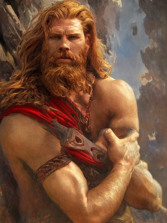 Image similar to painted portrait of rugged thor, god of thunder, norse god, red hair, masculine, mature, handsome, upper body, red and gold, muscular, hairy torso, fantasy, intricate, muscular, elegant, highly detailed, digital painting, artstation, concept art, smooth, sharp focus, illustration, art by gaston bussiere and alphonse mucha