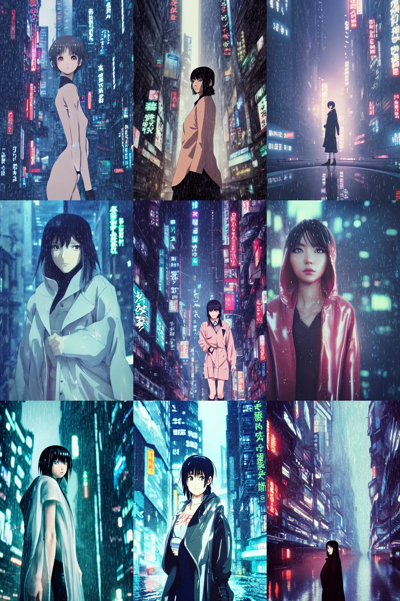 Prompt: Cinestill 800t, 8K, highly detailed, seinen manga 3/4 closeup portrait, eye contact, focus on clear transparent see through raincoat model, tilt shift zaha hadid style anime background: famous blade runner anime remake, pond scene