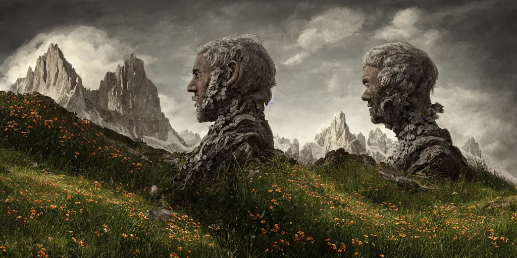 Image similar to old alpine famers head being overgrown by edelweiss, dolomites in background, dark, eerie, despair, portrait photography, artstation, digital art, adward winning, concept art, artstation, highly detailed, sharp focus, by caravaggio