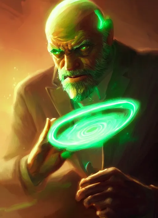 Prompt: a highly detailed illustration of bald old man smoking with green glowing eyes, dramatic smoking pose, nuclear background, intricate, elegant, highly detailed, centered, digital painting, artstation, concept art, smooth, sharp focus, league of legends concept art, wlop.