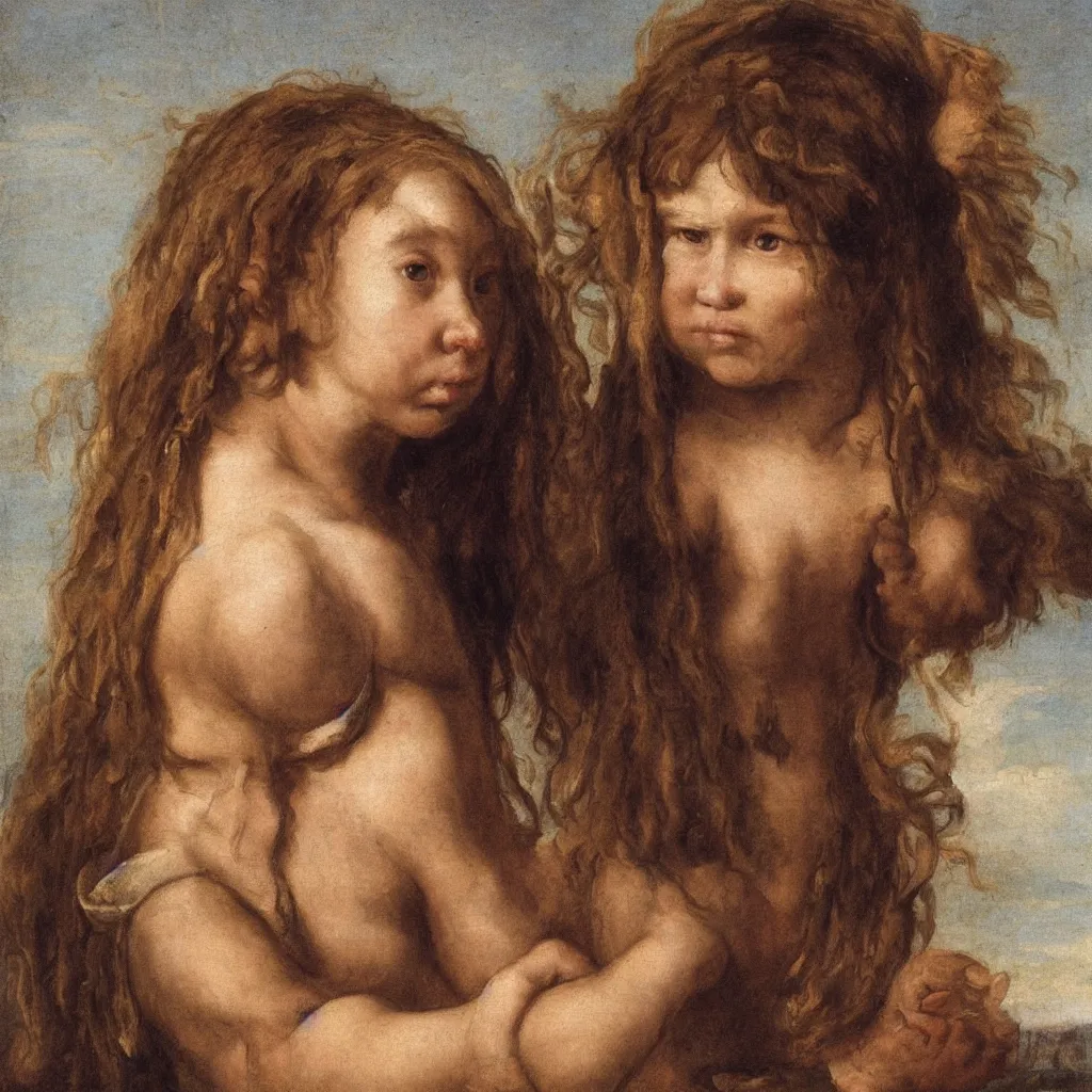 Image similar to a young neanderthal girl, in baroque, italian renaissance