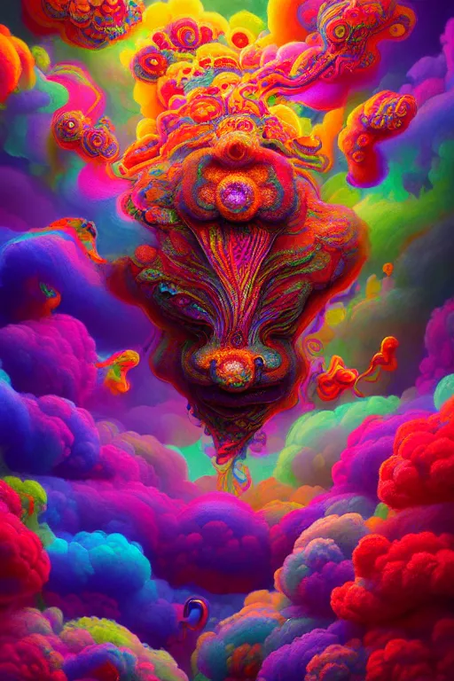 Prompt: colorful liquid smoke and clouds forming faces, animal shapes and flowers, an extremely colorful psychedelic experience, dmt, psilocybin, lsd, intricate, elegant, highly detailed, digital painting, artstation, smooth, sharp focus, illustration, art by krenz cushart, hana yata, octane render, unreal engine, 8 k