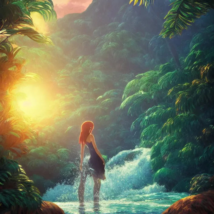 Image similar to an epic makoto shinkai and renoir landscape with a hawaiian waterfall, golden hour, 🌺, a beautiful woman with long brown hair, ultra smooth, octane render, lois van baarle, ilya kuvshinov