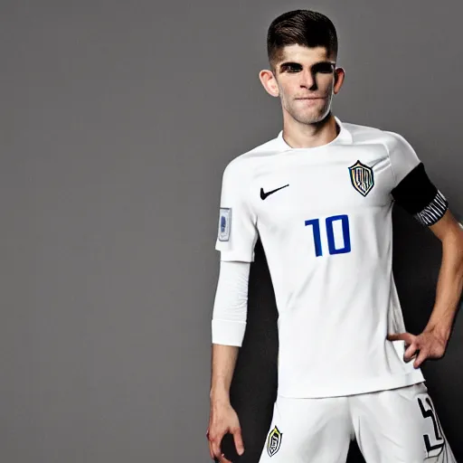 Image similar to a realistic detailed photo of a guy who is an attractive humanoid who is half robot and half humanoid, who is a male android, soccer player christian pulisic, shiny skin, posing like a statue, blank stare, in a living room, on display, showing off his muscles