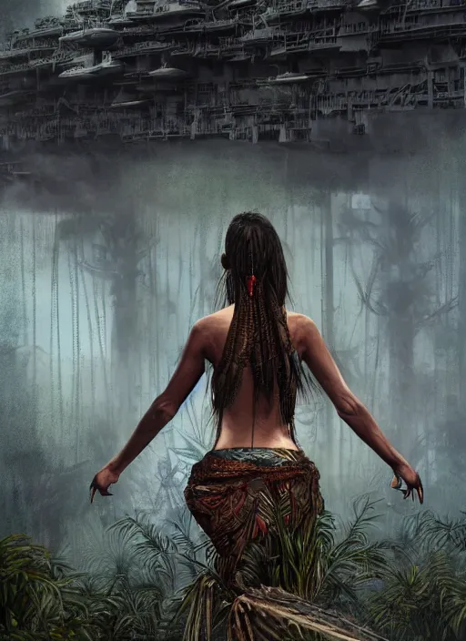 Prompt: a tribal woman from behind, in front of the aircraft carrier USS Nimitz overgrown with vegetation on the ground of a tropical forest, post appocalyptic, by Luis Royo, by Greg Rutkowski, dark, gritty, intricate, backlit, strong rim light, cover illustration, concept art, volumetric lighting, volumetric atmosphere, sharp focus, octane render, trending on artstation, 8k