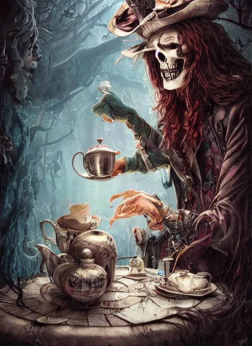 Image similar to Mad Hatter drinking tea with Alice in wonderland,death tarot card,highly detailed,half skull face,cinematic,8k,by Stanley Artgermm,Tom Bagshaw,Greg Rutkowski,Carne Griffiths, Ayami Kojima, Beksinski, Giger,trending on DeviantArt,hyper detailed,horror, full of colour