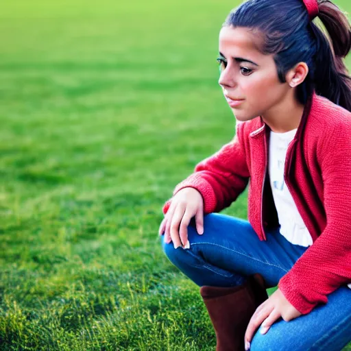 Image similar to a young spanish girl plays on a great green meadow, she wears a jacket, jeans and boots, she has two ponytails, photo taken by a nikon, highly detailed, sharp focus