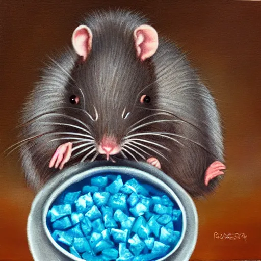 Prompt: rat eating blue cheese painting