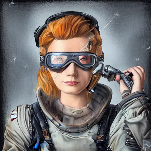 Image similar to highly detailed character concept art of stoic heroic emotionless square-jawed butch blonde tattooed woman engineer looking to side, wearing steampunk goggles and dirty ripped flight suit, on primitive planet, portrait, illustration, pulp sci fi, science fiction