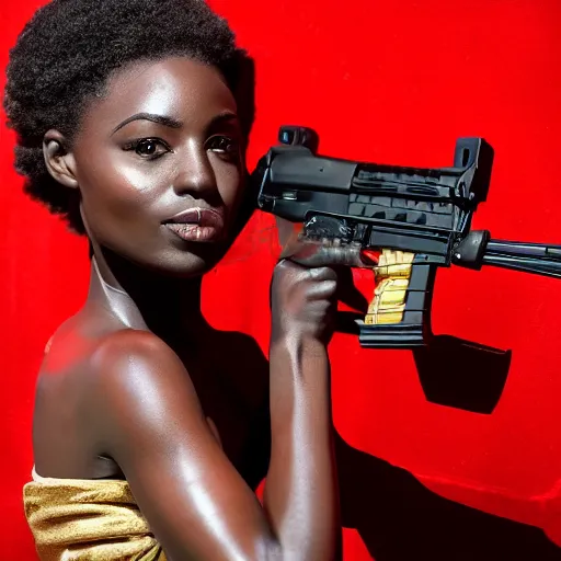 Image similar to Gorgeous black woman wearing red dress, holding an AK-47, photo realistic, detailed face