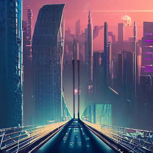 Image similar to a man standing on top of a bridge over a city, cyberpunk art by vincent lefevre, behance contest winner, altermodern, cityscape, synthwave, matte painting