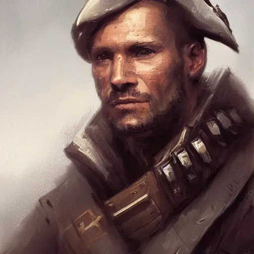 Prompt: Portrait of a man by Greg Rutkowski, he is about 40 years old, english pirate features, attractive, military composure, short brown hair, chilean, father image vibes, he is wearing futuristic military fatigues, highly detailed portrait, digital painting, artstation, concept art, smooth, sharp foccus ilustration, Artstation HQ.