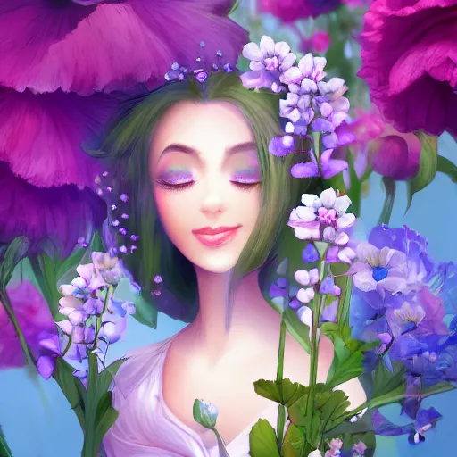 Image similar to a picture of a dreaming woman with flowers grow out of hair, roses peonies forget-me-nots dahlias lupins gladioli, sky theme in background, Digital Art, Trending on artstation