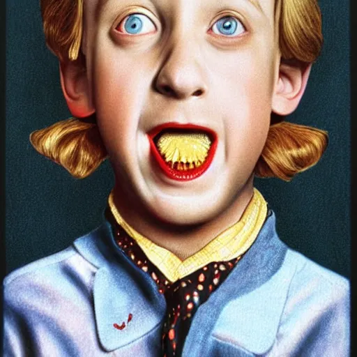 Image similar to macaulay culkin is mrs doubtfire, airbrush art, drew struzan illustration art, key art, movie poster