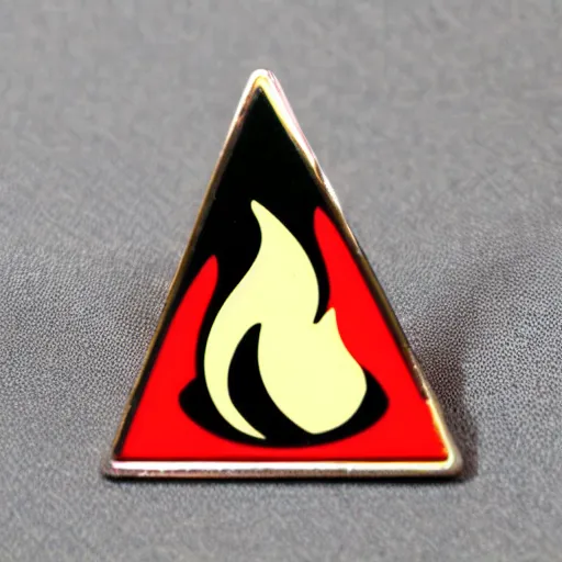 Image similar to a triangle enamel pin of a retro fire flames warning label, smooth curves