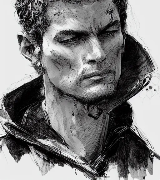 Image similar to portrait of shaven man with blond ponytail hair up wearing black robes, pen and ink, intricate line drawings, by craig mullins, ruan jia, kentaro miura, greg rutkowski, loundraw