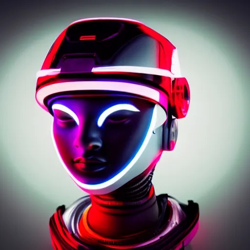 Prompt: photo of robot with 2 0 yo girl inside, leds visor helmet, profile pose, bust shot, high detail, studio, black background, smoke, sharp, cyberpunk, 8 5 mm sigma art lens