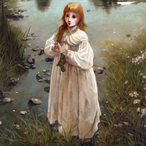 Prompt: a full body portrait of medieval child girl in a river, intricate, elegant, highly detailed, digital painting, artstation, concept art, smooth, sharp focus, illustration, art by krenz cushart and artem demura and alphonse mucha