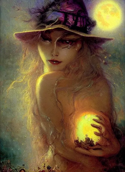 Prompt: surrealism, abstract, witch, portrait, close - up, make up, full big moon, painting by gaston bussiere and albuquerque, soft light