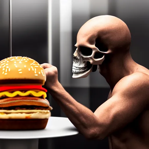 Image similar to photograph of a man with a skull reaper head begging for food at mc donalds, 8k resolution, high detail, ULTRA REALISTIC VFX, reflections