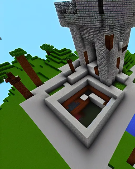 Prompt: an assassin jumps from a high tower in minecraft, top view