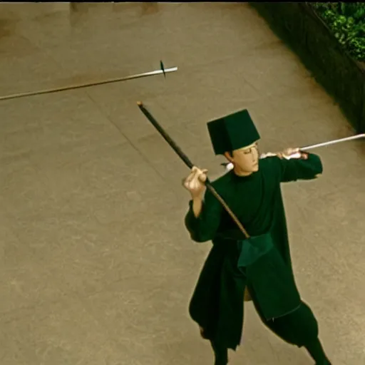 Prompt: real-life roronoa zoro, a still of a sword fight film