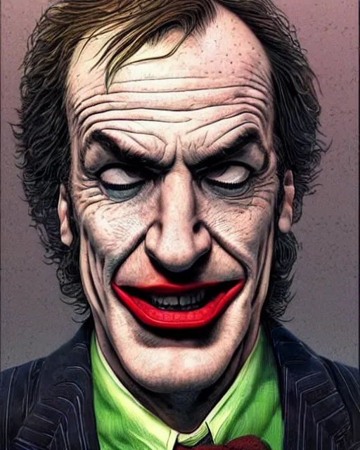 Image similar to portrait of saul goodman as the joker, illustration, art by neil gaiman and peter elson, bernie wrightson