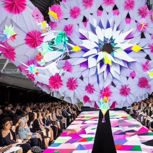 Prompt: beautiful model wearing origami - themed huge paper flower fashion runway by issey miyake