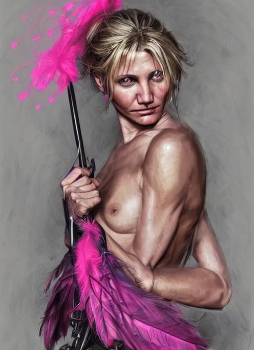 Prompt: serious looking Cameron Diaz as a ruggedly handsome heroine wearing pink feathers and wielding a glowing bow, intricate, elegant, tasteful, highly detailed, centered, digital painting, artstation, concept art, smooth, sharp focus, illustration, art by artgerm and donato giancola and Joseph Christian Leyendecker, WLOP